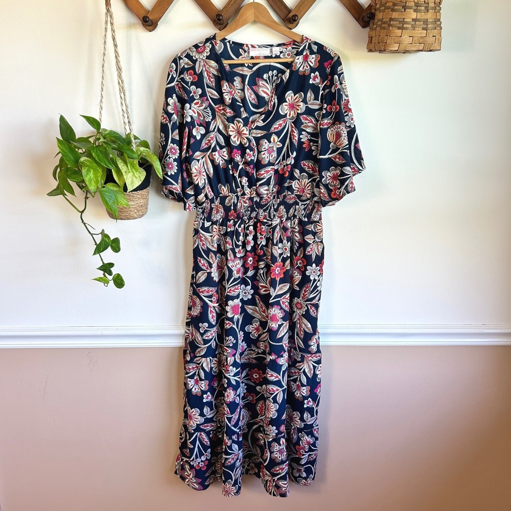 Belle Boho Kim Gravel Floral Maxi Dress Navy Blue Smocked Waist V-Neck Medium